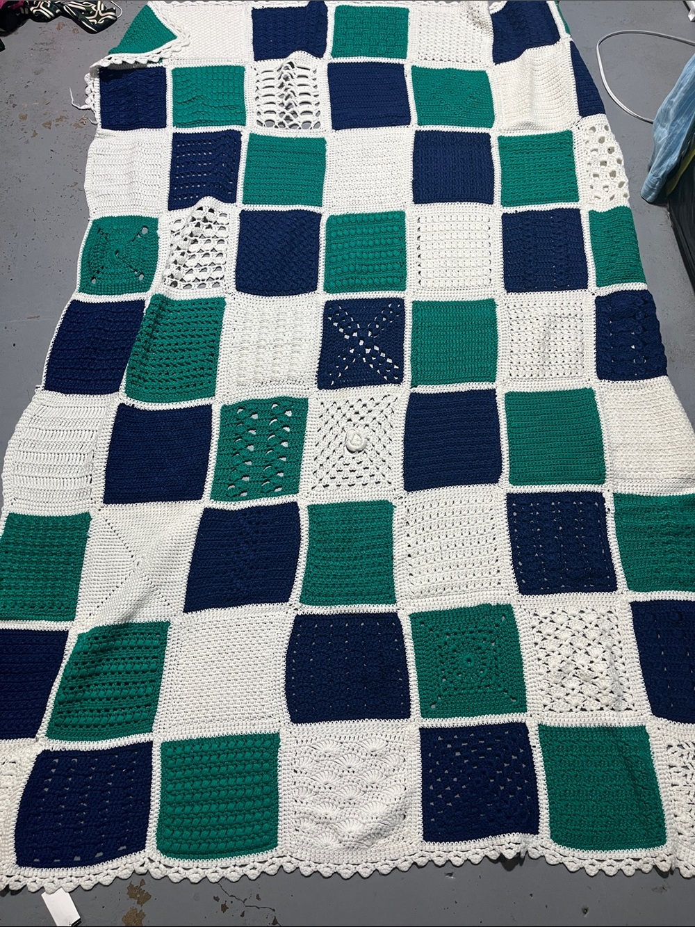 Handmade Crochet Patchwork Throw - White, Navy & Teal